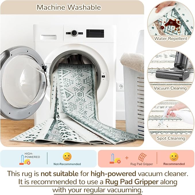 BESTSWEETIE 2x10 Area Rugs for Living Room Washable Moroccan Farmhouse Neutral Geometric Low Pile Non-Slip Soft Print Pattern Rug for Bedroom Kitchen Dining Room Entryway Green/Brown