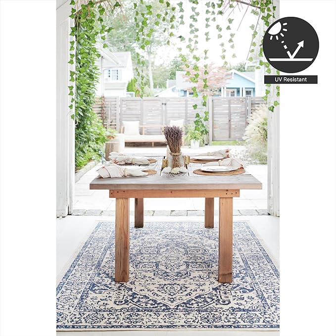 FH Home Flat Woven Outdoor Rug - Waterproof, Easy to Clean, Stain Resistant - Premium Polypropylene Yarn - Vintage - Patio, Deck, Porch,Balcony - Ankara - Distressed Blue - 3ft 11in x 5ft 6in