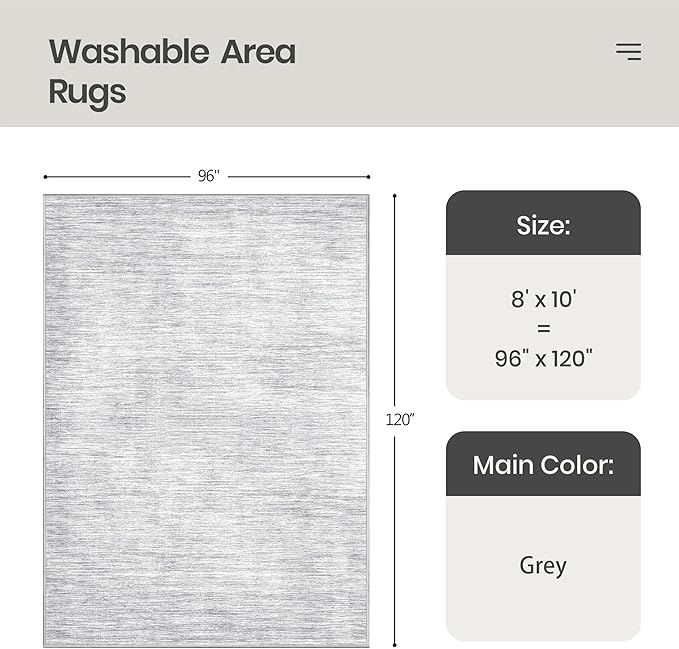 Valenrug Washable Rugs 8x10 - Non Slip 8x10 Area Rugs for Living Room, Stain Resistant Area Rugs for Bedroom, Foldable Machine Washable Area Rug(8'x10', Grey)