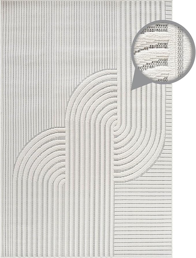 CAMILSON Modern Rug 10x14 Luxury Swirl Curved Large Micro Loop Area Rugs Soft High-Low Pile Stain Resistant Easy to Clean Non-Shedding Durable Living Room Kitchen Indoor Carpet (White)
