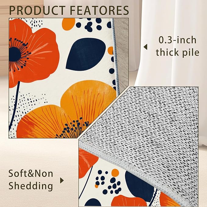 Boho Orange Flowers Autumn Carpet for Living Room, 5x7 Non-Slip Washable Low Pile Abstract Design Rug, Space Saving Area Rug for Bedroom, Dining Room