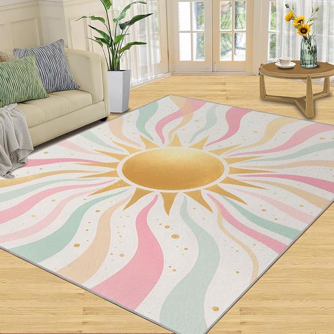 Boho Sun Area Rugs 3x5ft, Minimalist Sunburst Boys Rugs for Bedroom, Abstraction Deco Kids Room Rug Soft Fuzzy Washable for Living Room Game Room Coffee Table