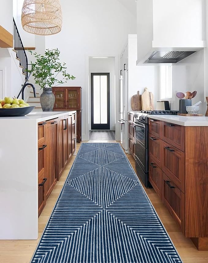GLN Rugs Contemporary Collection - Machine Washable Area Rug, Contemporary Washable, Non Slip, Low Pile Chenille Rug, Living Room, Bedroom, Kitchen Rug (2'6" x 7' Lines Blue)