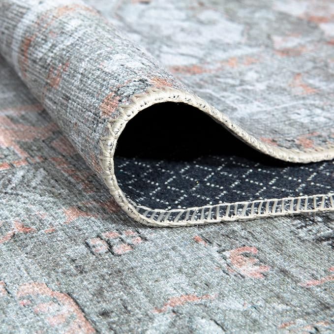 Bloom Rugs Washable Non-Slip 9' x 12' Rug - Gray/Coral Pink Traditional Area Rug for Living Room, Bedroom, Dining Room, and Kitchen - Exact Size: 9' x 12'