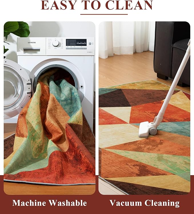 YIHOUSE Brown Area Rug 8x10,Geometric Burnt Orange Area Rug Non Slip,Farmhouse Rugs Washable,Vintage Burgundy Carpets for Bedroom, Boho Rug for Kitchen,Dining Room