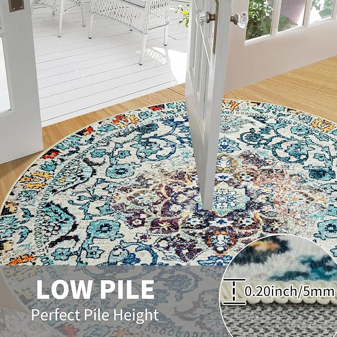 Easy-Going Round Rug 5ft Area Rug Washable Boho Circle Rugs for Living Room Non-Slip Bedroom Rug Low Pile Lightweight Medallion Distressed Throw Rug for Dining Room Kitchen Office, Vintage Multi