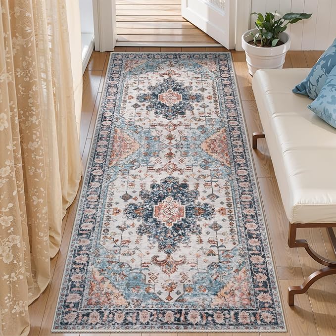 Tangsoo 2x6 Washable Runner Rug for Hallways, Non Slip Vintage Rugs, Soft Low Pile, Print Distressed Blue/Orange Carpet Runners for Kitchen Bedroom Entryway Bathroom Living Room
