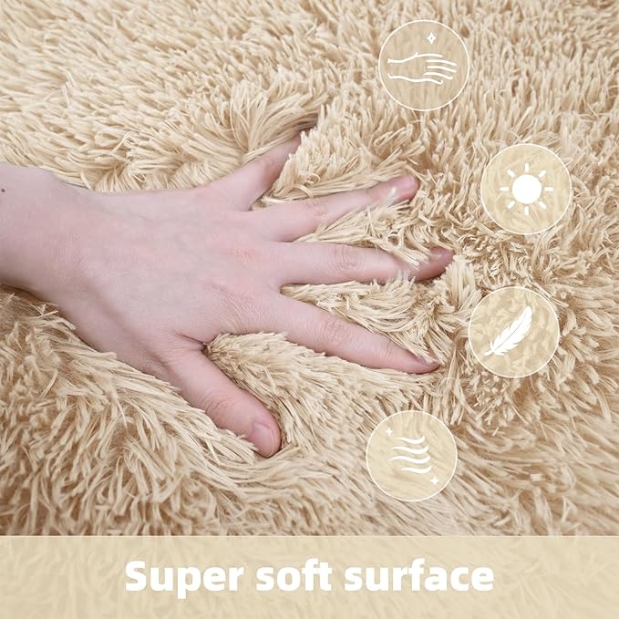 2x3 Solid Fluffy Camel Area Rug – Washable, Durable,Small Bedroom Rug, Non-Slip High Pile Shag Rugs for Living Room, Bedroom, Bedside, Dorms, Nursery Rooms, Kids Room, Soft Indoor Floor Carpet