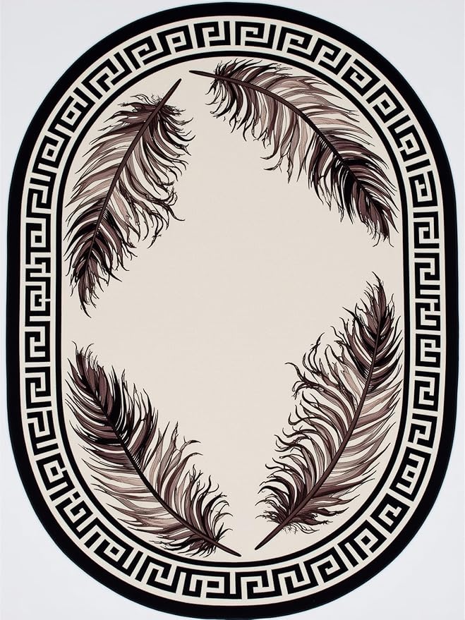 Light Beige Tan Black Greek Key Pattern Bordered Large Rugs for Living Room Bedroom Dining Room Machine Washable Non Skid Soft Area Rug 7x9 Nursery Dorm Guestroom Minimalist Oval Floor Mats Carpet
