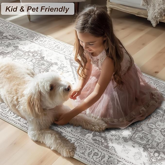 XWZO Runner Rug 2x6ft, Washable Hallway Runner with Non-Slip Backing, Vintage Spill Stain Resistant Floor Mat for Entryway Corridor Bedroom Kitchen, Soft Low-Pile Area Carpet, Grey