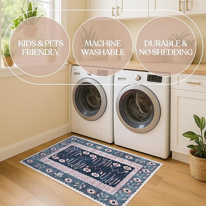 Washable Area Rug. Modern Farmhouse. Vintage. Turkish. Bohemian. Distressed. Oriental. Traditional. Rugs for Living Room. Dining. Bedroom. Office. Entryway. Foyer. (862CN, 2'5" x 6'5")
