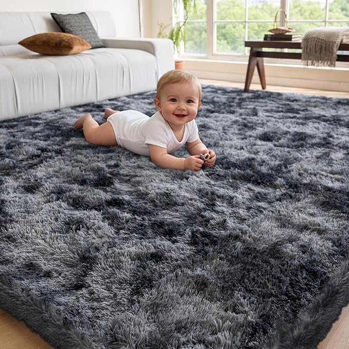 4x6 Area Rugs for Living Room Bedroom, Soft Fluffy Shaggy Bedside Rug, Indoor Floor Carpet for Kids Playroom, Dorms, Nursery Rooms, Home Decor (Tie-Dyed Dark Grey 4'x6')