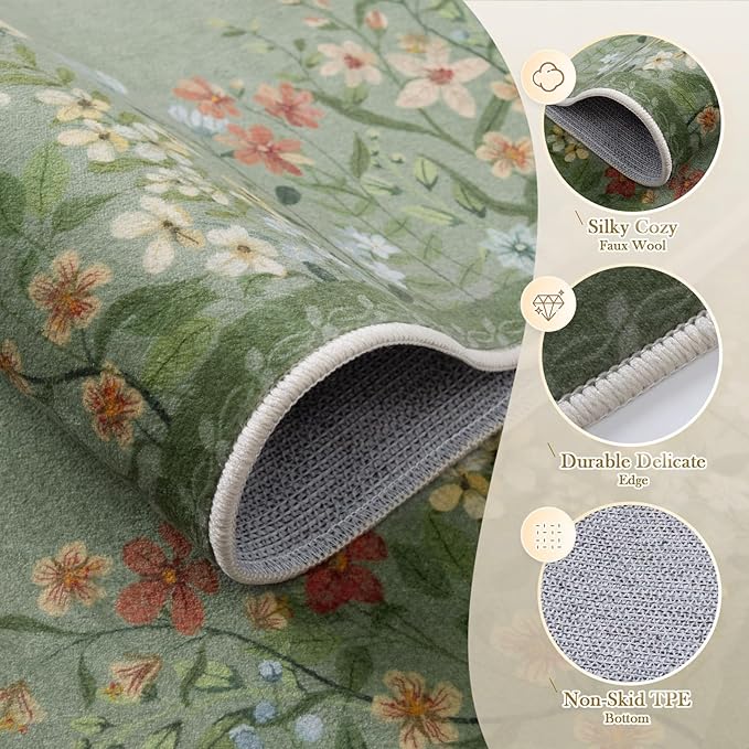 Wonnitar 2x3 Boho Bathroom Rugs Non Slip Washable Kitchen Rug, Green Floral Small Area Rugs for Entryway, Low Pile Soft Door Mat Indoor Entrance Throw Carpet for Bedside Laundry Room (Green,2'x3')