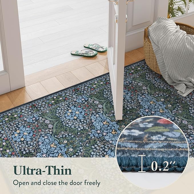 Lahome Floral Entryway Rug, 2x3 Kitchen Rugs Non Slip Washable Boho Blue Forest Design, Soft Door Mat Indoor Entrance, Ultra-Thin Easy Clean Small Throw Carpet for Bedroom Bathroom, Blue