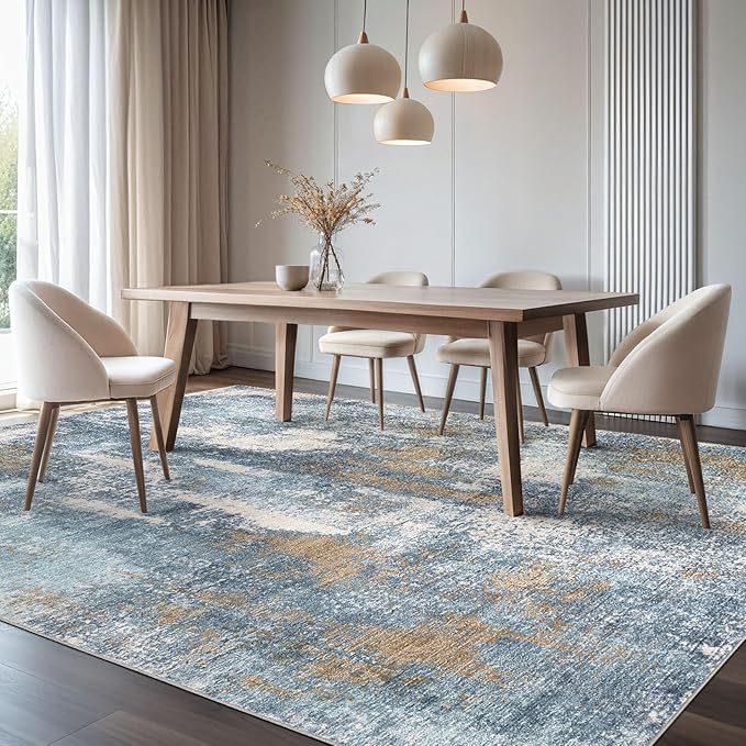 Area Rug Living Room Rugs - 8x10 Washable Large Soft Indoor Neutral Modern Abstract Low Pile Rug Carpet for Bedroom Dining Room Farmhouse Home Office - Blue Brown