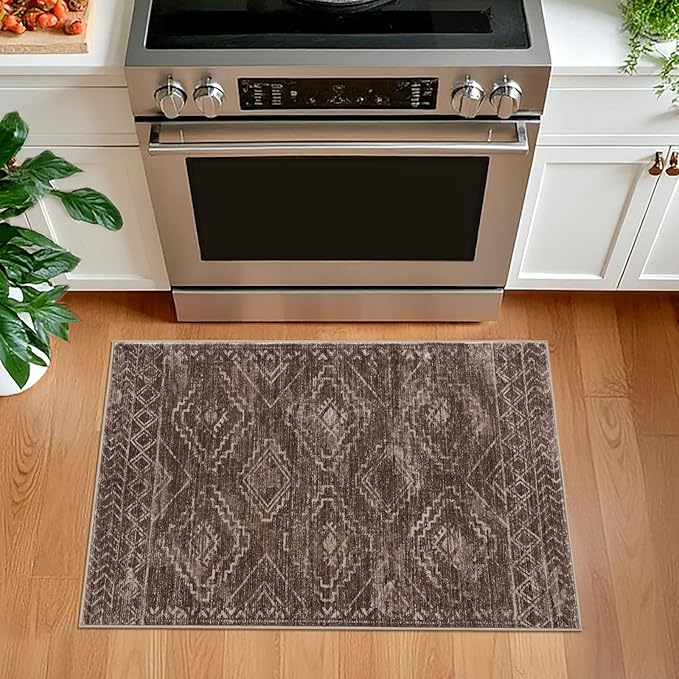 KILOCOCO Boho Entryway Rug 2x3 Printed Small Area Rug Indoor Door Mat Machine Washable Kitchen Rugs Super Soft Non Slip Throw Rugs for Bedroom Entrance Geometric Laundry Room, Rust Red