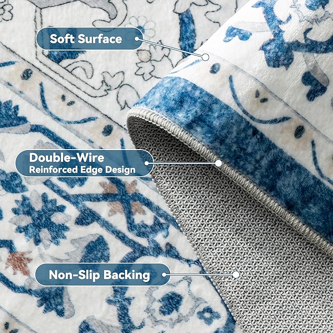 EnHomee 4x6 Area Rugs for Living Room, Boho Area Rug, Machine Soft Washable Rug for Bedroom, Living Room Rug, Non-Slip, Low-Pile, Dining Room Indoor Home Decor, Colorful Print, Blue and White