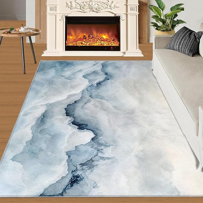 Modern Simple Art Rugs for Bedroom - 3x4 Area Rug - 3D Cloud Marble Rugs for Living Room, Abstract Mist Marble Rug, Washable Home Decor Carpet