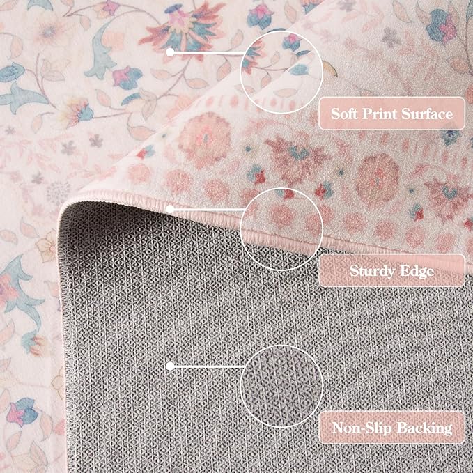 Wonnitar Boho Floral 8x10 Pink Area Rug, Washable Kids Rugs for Bedroom, Large Ultra-Thin Soft Non Slip Carpet for Nursery Living Room Playroom Classroom, Pastel Pink