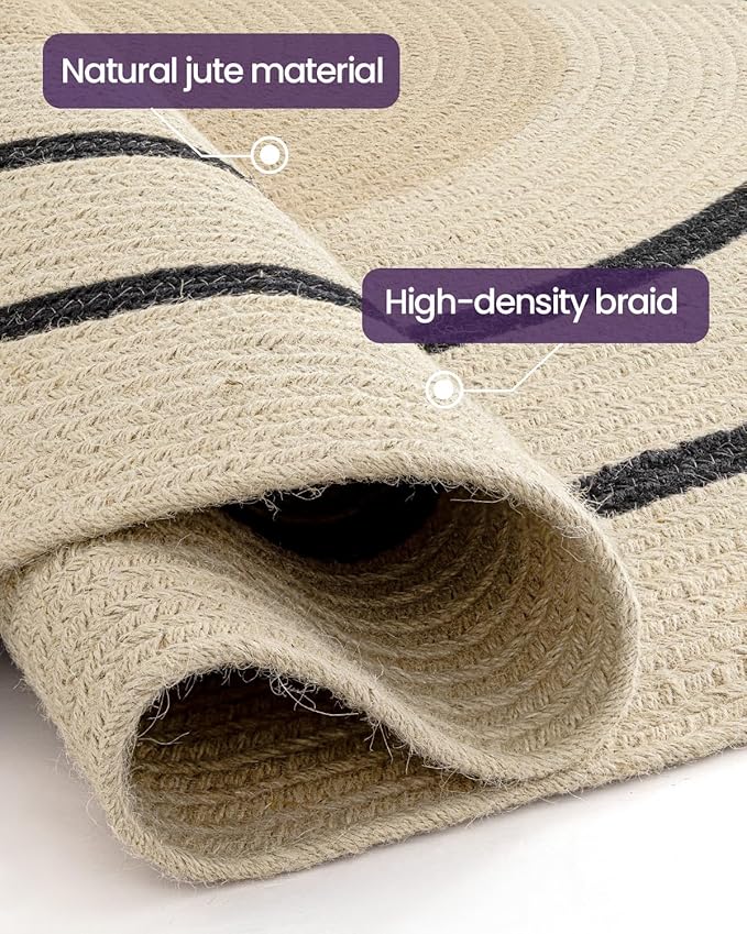 DEXI Round Jute Rug Natural Fiber 6x6, Braided Woven Area Rugs No Shed, Large Soft Neutral Rustic Carpet Mat for Indoor Outdoor Patio Dining Living Room Bedroom Farmhouse, 6ft, Ivory/Black