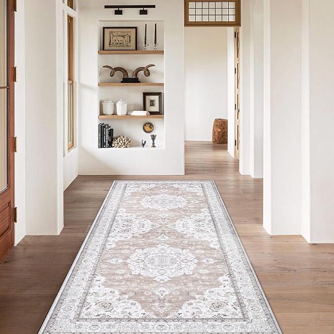 Runner Rug 2x6 Entryway Rug - Machine Washable Vintage Boho Area Rug Non-Slip Kitchen Runner Soft Stain Resistant Runners for Hallways Entryway Laundry Kitchen Bathroom Bedroom(Cream Ivory, 2'x6')