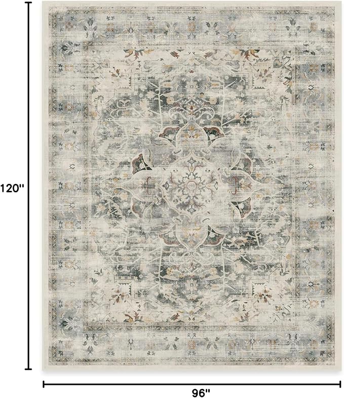 RUGGABLE Washable Vintage Area Rug – Sarrah Sage 8x10, Stain-Resistant, Non-Slip – Large Machine Washable Rugs for Living Room, Bedroom, Hallway, Entryway & Office–with Cushioned Pad