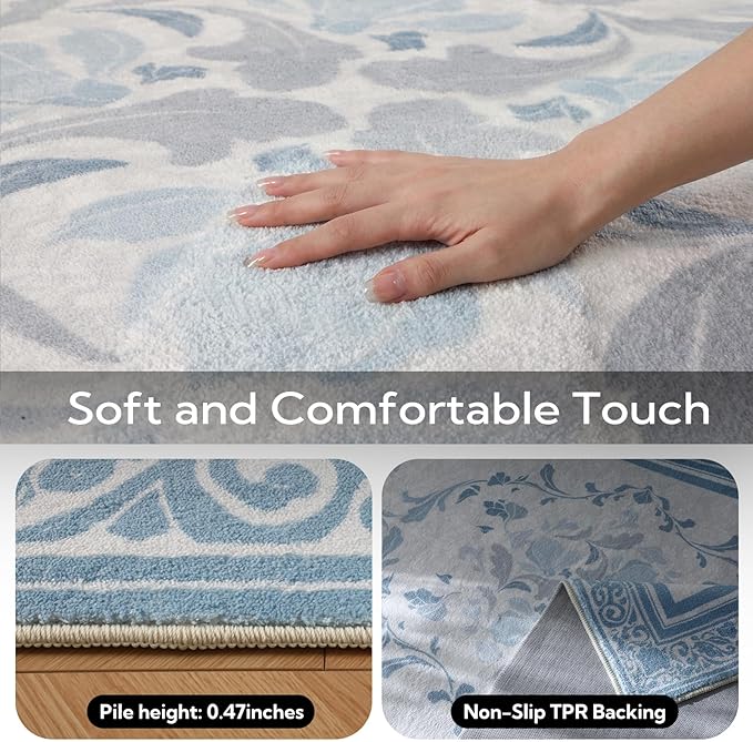 SOULFUL Medium Pile 2x3 Entryway Rug - Cozy Soft Underfoot Small Area Rug - Mist Blue Boho Floral - Washable Non-Slip - Perfect for Hallway Kitchen Bedroom Bathroom Indoor Entrance