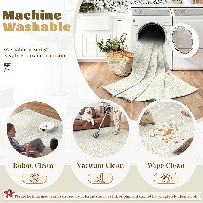 9x12 Area Rugs for Living Room, Washable Large Area Rug Neutral Modern Abstract Bedroom Rug Soft Non Slip Low Pile Stain Resistant Indoor Carpet for Kids Playroom Dining Room Office(Beige, 9'x12')