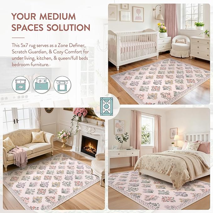 Wonnitar 8x10 Washable Rug, Pink Rugs for Girls Bedroom Decor, Boho Ultra-Thin Non Slip Soft Moroccan Floral Large Carpet for Living Room Baby Nursery Kids Playroom, Pale Pink