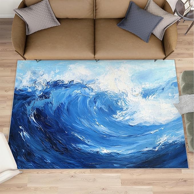 Japanese Ocean Rugs for Bedroom - 6x9 Area Rug - Ukiyo-E Ocean Waves Rugs for Living Room, Abstract Oil Painting Ocean Rug, Washable Home Decor Carpet