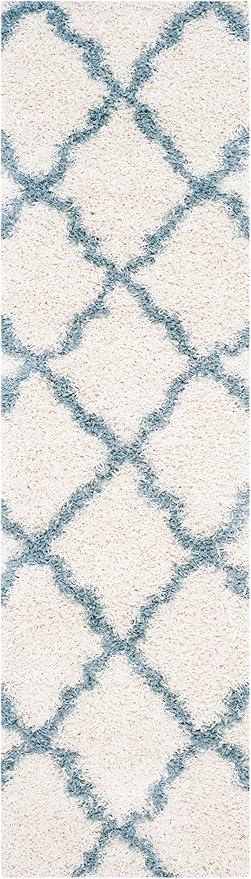SAFAVIEH Dallas Shag Collection Runner Rug - 2'3" x 12', Ivory & Light Blue, Trellis Design, Non-Shedding & Easy Care, 1.5-inch Thick Ideal for High Traffic Areas in Living Room, Bedroom (SGD257J)