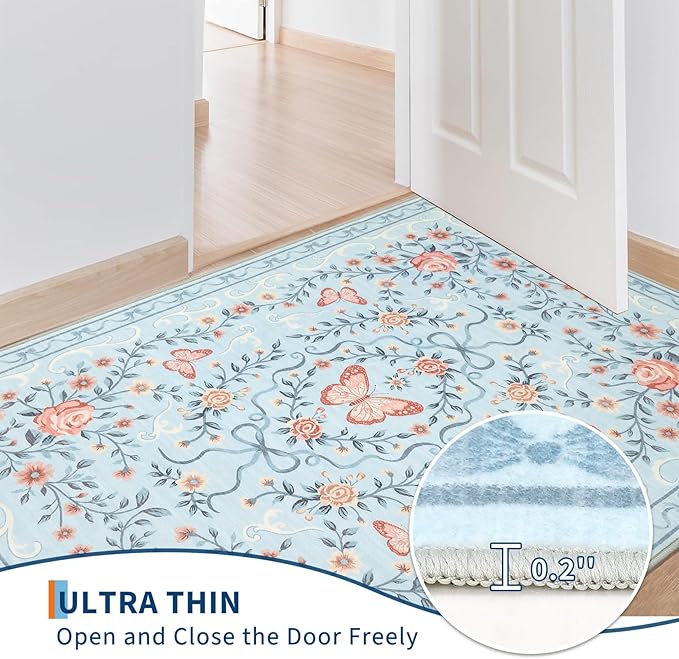 GarveeHome 2x3 Floral Area Rug Non Slip Entryway Mat Low Pile Stain Resistant Butterfly Kitchen Rugs Soft Small Throw Carpet for Dining Room Bedroom Washable Bow Rugs for Living Room Bathroom, 2x3