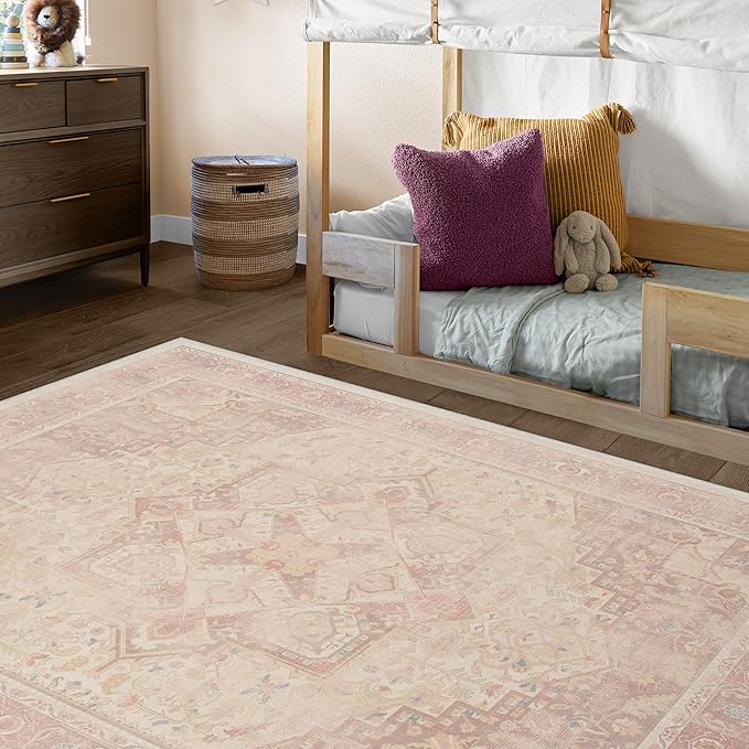 RUGGABLE Washable Area Rug – Kamran Soft Pink 6x9, Stain-Resistant, Non-Slip – Medium Machine Washable Rugs for Living Room, Bedroom, Hallway, Entryway & Office–with Standard Pad
