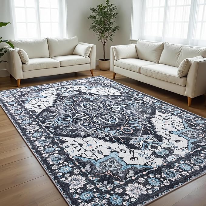 Area Rug for Living Room, 6x9 Machine Washable Non Slip Large Faux Wool Throw Rug, 0.3″ Low Pile & Non-Shedding Boho Large Carpet Rugs for for Dining Room, Bedroom, Office (Black)