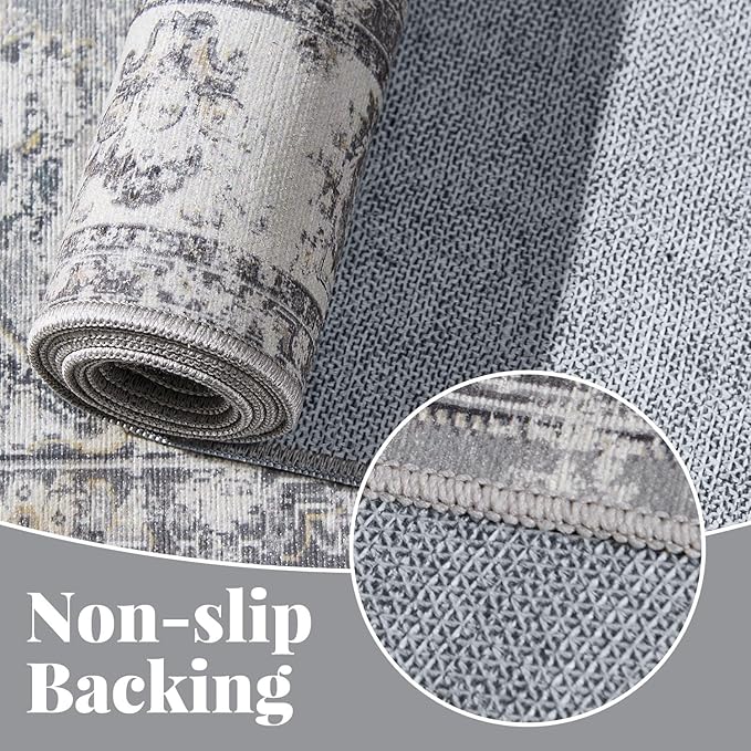 jinchan Fiora Hallway Runner Rug 3x10 Machine Washable Runner Rug Grey Vintage Floral Design Non-Slip Low Pile Ultra-Thin for Kitchen Laundry Room Bedroom Farmhouse (3‘x10', Grey)