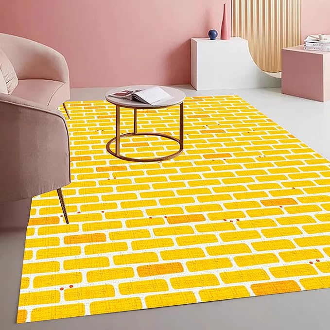 Rustic Brick Texture Area Rug 5x8 Yellow Farmhouse Washable Non Slip Living Room Rugs Retro Large Carpet for Dining Room Bedroom Playroom Home Office Stain Resistant Durable Indoor Mat