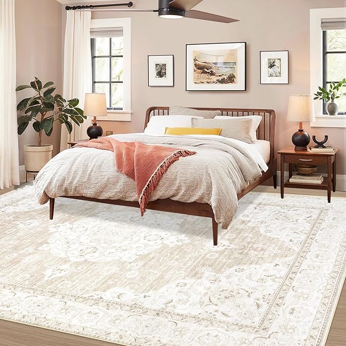 Vintage Living Room Area Rug - 6x9 Large Machine Washable Boho Moroccan Rug Distressed Farmhouse Rugs for Bedroom - Soft Non-Slip Indoor Carpet for Dining Room Office Nursery(Boho Beige, 6'x9')