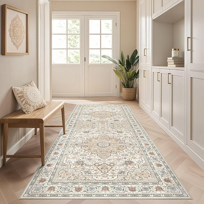 Runner Rug Kitchen Washable Rugs: 3x10 Non-Slip Boho Soft Vintage Stain Resistant Indoor Floor Neutral Farmhouse Throw Carpet for Hallway Bathroom Laundry Room Entryway Bedroom- Cream