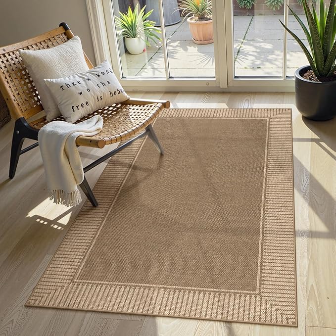 Moynesa Brown Striped Border Easy Jute Indoor Outdoor Entryway Rug 3x5, Washable Patio Rug Non Slip with Rubber Backing, Farmhouse Modern Carpet for Balcony Backyard Bedroom Living Room Dining Room