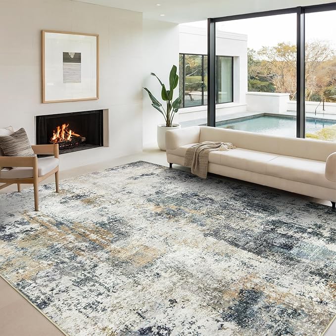 Washable Area Rugs for Living Room 8x10 - Large Neutral Modern Abstract Rug, Soft Low Pile Carpet with Non Slip Backing for Under Dining Room Table, Bedroom, Home, Office, Dorm - Green Yellow