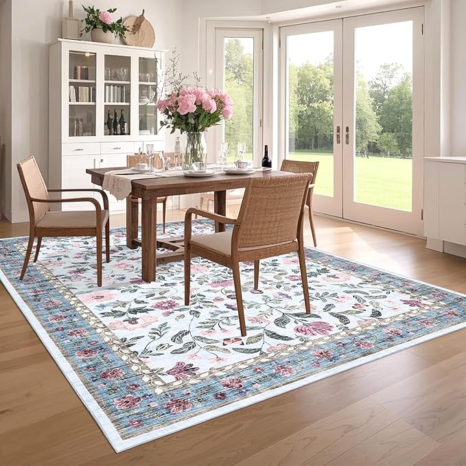 GarveeHome Washable Rug 6 x 9, Low Pile Farmhouse Floral Rug, Non-Shedding Indoor Foldable Printed Carpet Non-Slip Soft Vintage Throw for Bedroom Dining Room Kitchen, Light Blue