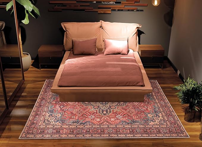 Bloom Rugs Washable Non-Slip 4' x 6' Rug - Red/Teal Blue/Yellow Traditional Medallion Area Rug for Living Room, Bedroom, Dining Room, and Kitchen - Exact Size: 4' x 6'