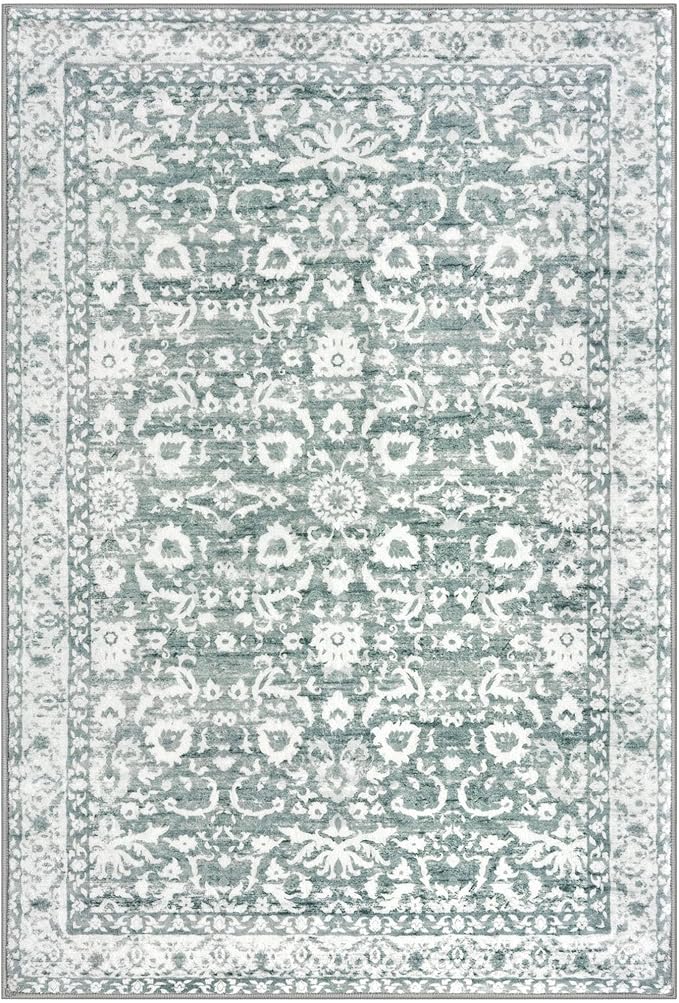 Vintage Entryway Rug 2x3 Washable, Sage Green White Kitchen Rug, Super Soft Thin Faux Wool Small Area Rug, Non-Slip Accent Mat for Foyer, Bedroom, Office