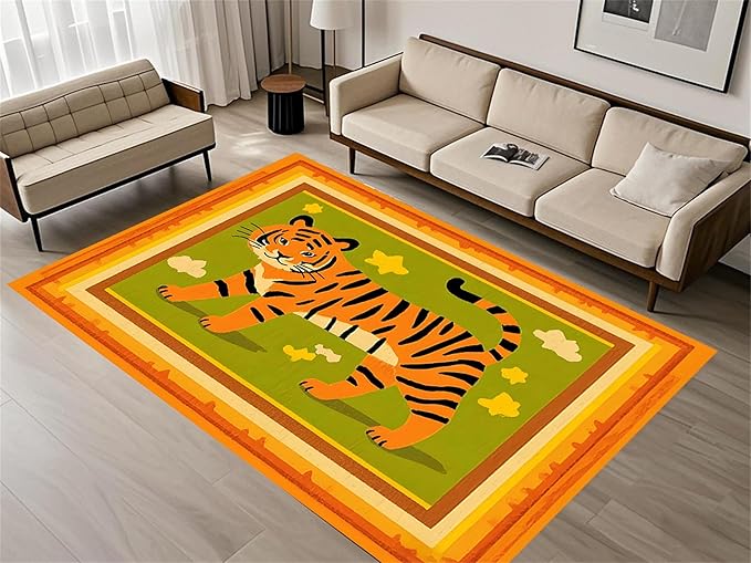 Tiger Rugs for Living Room，4x5ft,Modern Minimalist Style Orange Tiger Rug Suitable for Children's Room，Machine Washable Cute Tiger Rug for Boys and Girls Bedroom Farmhouse Restaurant