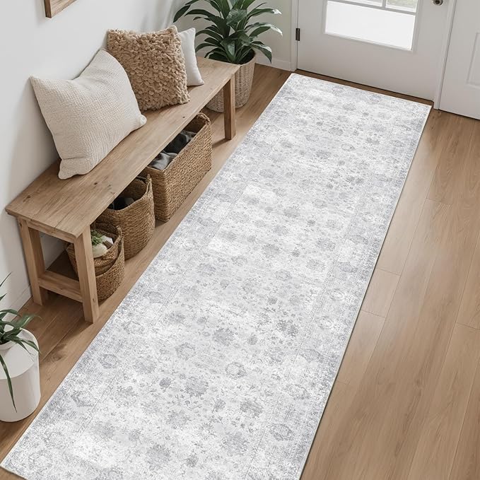 Hallway Runner Rug 2x10 Washable Area Rugs, Vintage Floral Rug Soft Non Slip Stain Resistant Boho Floor Carpet Runners for Hallways Entryway Laundry Room Kitchen Bathroom, and Bedroom Grey