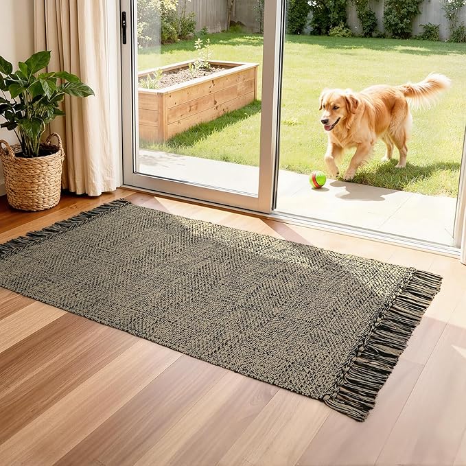 Collive Washable Kitchen Runner Rug, Modern Farmhouse Hand Woven Entryway Rugs Non Slip, Cotton Reversible Bathroom Carpet for Bedroom Hallway Foyer Back Door Decor, Natural/Black 2 x 4.3 ft