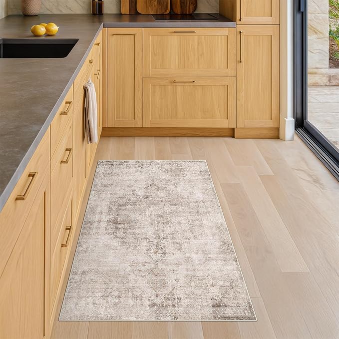 Beige Brown 2x3 Washable Rug for Entryway Indoor, Kitchen Floor Waterproof, Bathroom, Powder Room, Non Slip Low Pile Stain & Fade Resistant Small Throw Rug, Modern Abstract Decor
