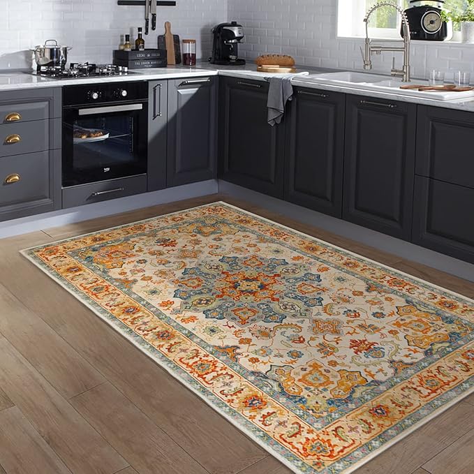 COMSLE Boho Area Rug, 3' x 5' Machine Washable Rugs for Entryway Faux Wool Large Rugs Distressed Throw Rug Non-Slip Floor Carpet for Indoor Bedroom Kitchen Living Room