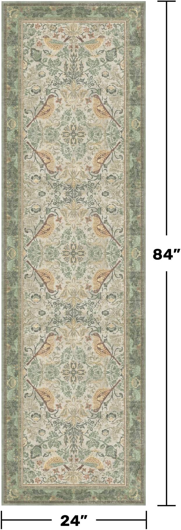 Sage Floral Kitchen Runners - 2x7 Long Runner Rug for Hallway Bathroom Bedroom Beside Bed Entryway, Boho Birds Leaves Patterned Non Slip Low Pile Washable Rugs