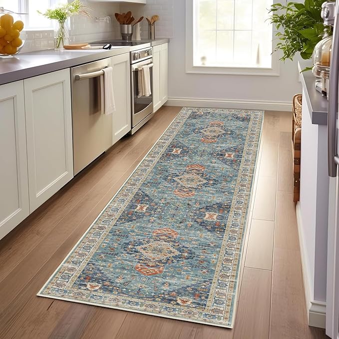 Enkor Runner Rugs for Hallway, 2.6x8 Washable Soft Non Slip Floor Rugs for Kitchen, Modern Mat for Living Room Bedroom Entryway Green & Blue
